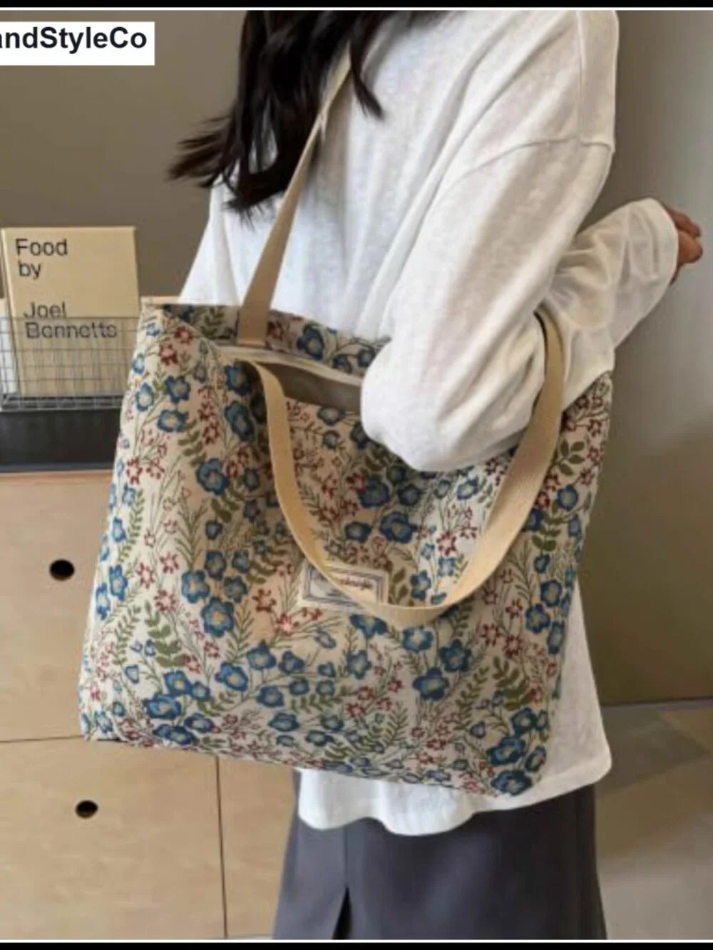 Floral Embroidered Canvas Tote Bag with Zipper, Patchwork Vintage Purse, Cute